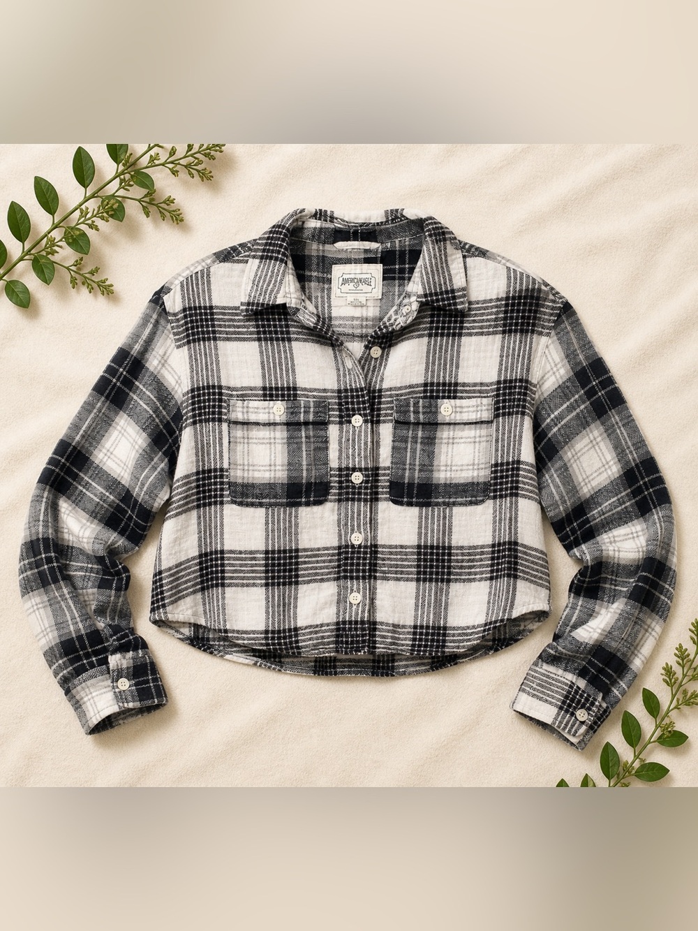 American Eagle Cropped Flannel| Oversized Fit|Drop Shoulder |Neutral Grunge Chic